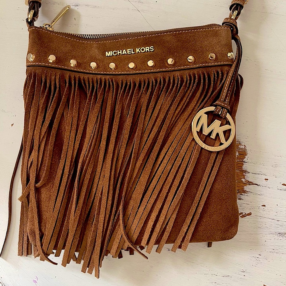 Michael Kors brown leather suede across bag